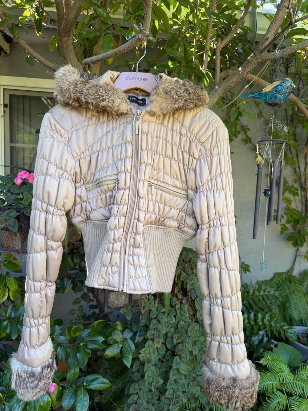bebe Beige Quilted Short Puffer Jacket with Real Fur Trim